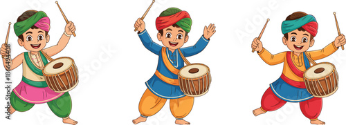 Indian folk dance illustration set showing happy children playing dhol drum in traditional Punjabi costumes, colorful cultural celebration concept for festivals, music, and heritage designs.