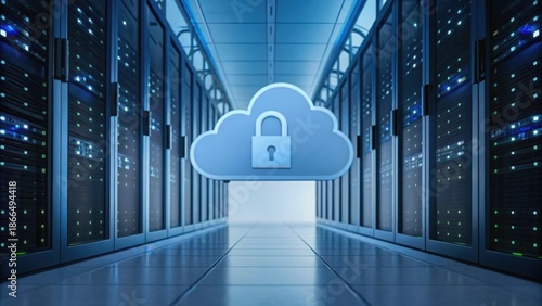 Quantum Cryptography Cloud security concept with servers and a locked cloud symbol in a data center.