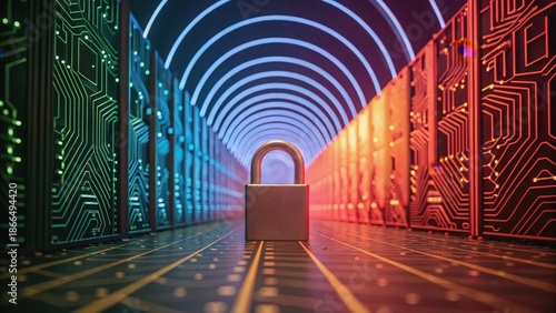 Quantum Cryptography Futuristic corridor with glowing circuits leading to a central cube, blending technology and abstract art.