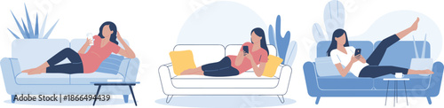 Woman relaxing on sofa illustration set using smartphone at home, modern lifestyle scenes showing comfort, leisure time, digital communication, and cozy interior living environments.