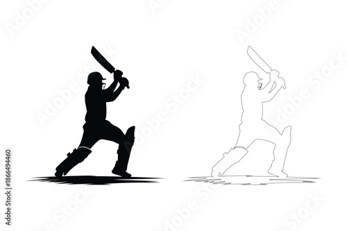 Cricket player batsman silhouettes in action batting pose