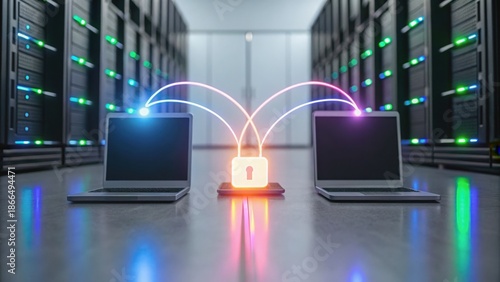 Quantum Cryptography Digital security concept with laptops connected in a server room, highlighting data protection and secure communication.