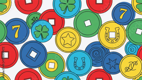 Colorful overlapping round tokens and chips scattered across a bright abstract background.