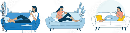  people relaxing on couches while using mobile phones for modern lifestyle, leisure, and vector interior design content