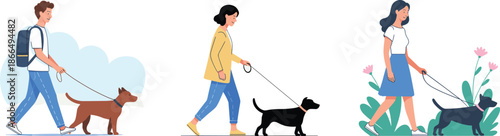 people walking dogs in varied settings for pet care, outdoor activity, and character design vector content.