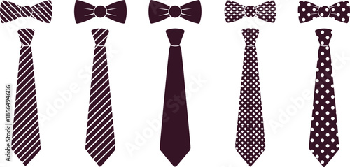 Men necktie and bow tie silhouette illustration set featuring classic formal accessories with striped, dotted, and patterned designs for fashion, business, and style concepts.