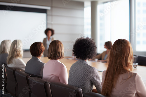 Wallpaper Mural Close up of a Group of female executives attend corporate event sitting in a board room behind a huge long desk. They are facing projection screen with female ceo presenting business performance Torontodigital.ca