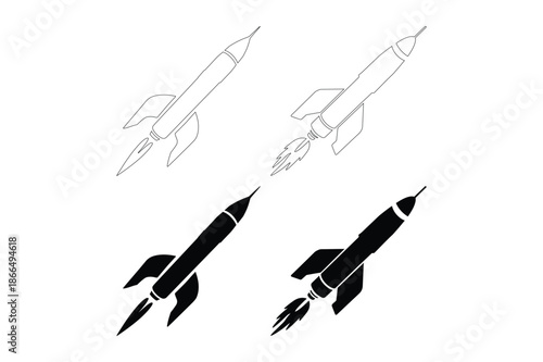 Space rocket launch silhouettes and outlines set