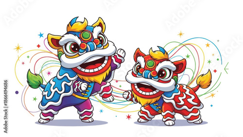 Colorful cartoon lion dance performers in festive traditional costumes during celebration.