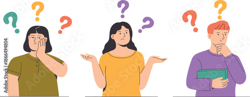 Illustrated confused individuals with question marks expressing uncertainty for problem-solving, decision-making, and educational vector concept art.