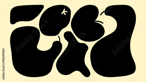 Abstract fruit illustrations in unusual shapes. Black and white retro cartoon style, minimal contrast, bold forms and graphic look.
