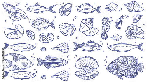Seafood Sketch Vector Illustration. Vintage Fish, Shrimp, Seashell, and Squid Drawings. Hand Drawn Doodle Style for Restaurant Menus, Kitchen Posters, and Coastal Wedding Party Designs.