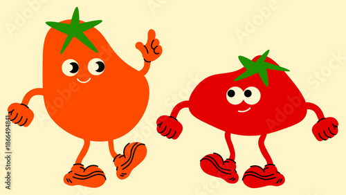 Cartoon tomato characters set with expressive faces. Playful vegetable illustrations in a fun, colorful food design style.