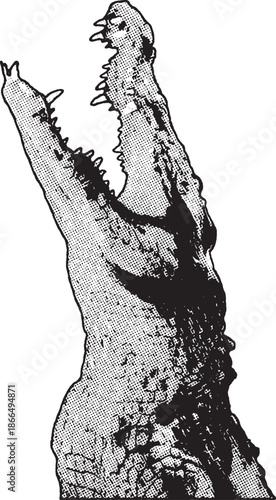 Crocodile with Open Jaws Vintage Wildlife Illustration, a crocodile's head with its mouth wide open, revealing sharp teeth. Features a heavy stippled texture depicting prehistoric reptile scales.