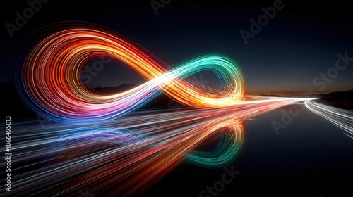 An artistic and mesmerizing representation of infinity, showcasing vibrant light trails over reflective water. ..Created with Generative AI, not depicting real subjects.