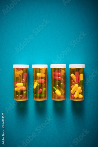 Pills in orange plastic bottles on a blue table.