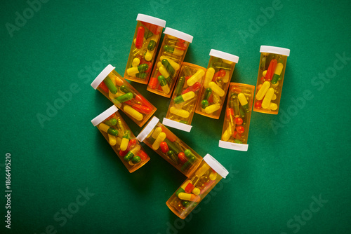 Pills in orange plastic bottles on a green table.