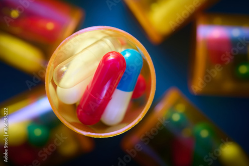 Pills in orange plastic bottles on a blue table.