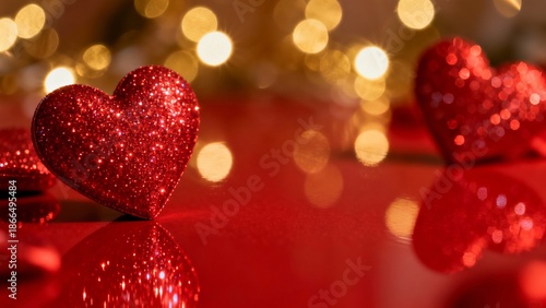 Luxury Valentine’s Day Background with Glossy Red Hearts and Golden Bokeh for Premium Romantic Design