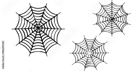 A collection of various spider web designs in a minimalist line art style for decoration. Collection of eight detailed spider web illustrations, isolated on white background. 