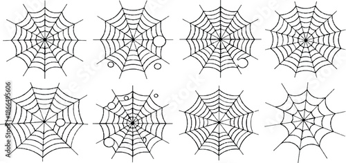 A collection of various spider web designs in a minimalist line art style for decoration. Collection of eight detailed spider web illustrations, isolated on white background. 