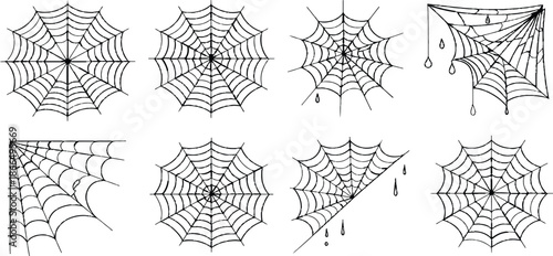 A collection of various spider web designs in a minimalist line art style for decoration. Collection of eight detailed spider web illustrations, isolated on white background. 