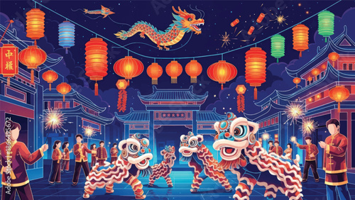 Vibrant Lantern Festival Night: Dragon Dance, Lion Dancers, and Street Celebration.