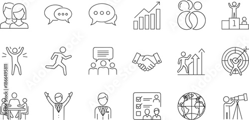 Business communication line icon set, teamwork growth success leadership strategy analytics meeting target collaboration outline vector symbols collection