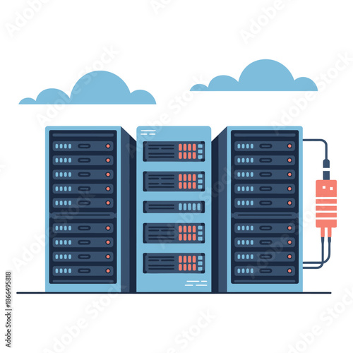 An illustration of a server room with three large servers and a power supply unit connected to one of them.