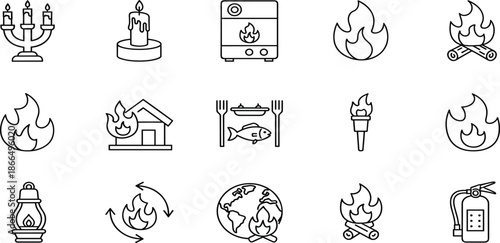 Fire and Flame Line Icon Set Featuring Burning Candles, Bonfires, Fire Extinguisher, Torch, House Fire, Lantern, Global Warming, and Cooking Symbols