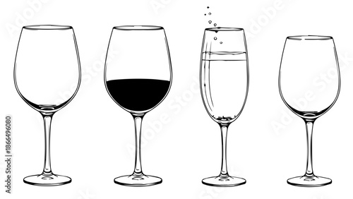 Four wine glasses showcasing different levels of wine isolated on white background, Vector