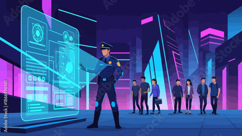 Futuristic Police Officer Monitoring Citizens with Advanced Technology.