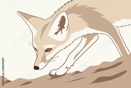 Adorable Fennec Fox Hunting in the Desert Sands with Large Ears Focused and Alert