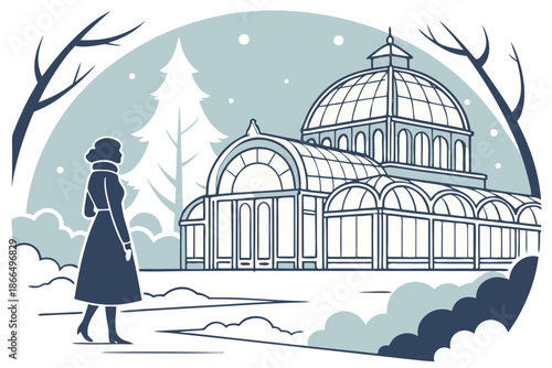 Elegant woman approaches a grand glass conservatory structure surrounded by winter trees and falling snow.