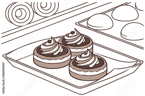 Three delicious chocolate ganache pastries with whipped cream swirls arranged on a dark tray
