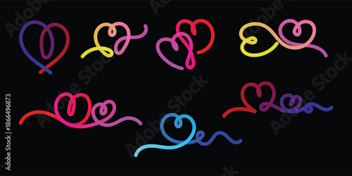 colorful heart line art with gradient doodles on black background set, neon love heart outline collection with curves vector, romantic colorful heart sketch elements on dark background