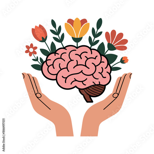 A pair of hands cradling a brain with colorful flowers growing out of it, symbolizing mental health and wellness.