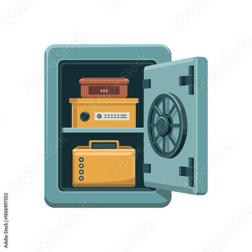 An open safe with various items stored inside for secure keeping.