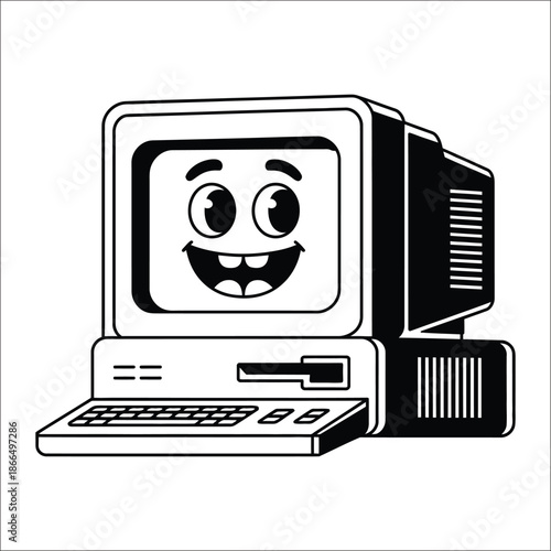 Black and white of a smiling computer with a floppy disk drive