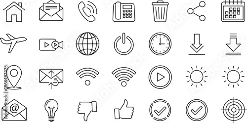 Outline web interface icon set, communication navigation media system controls ui symbols for website app dashboard design