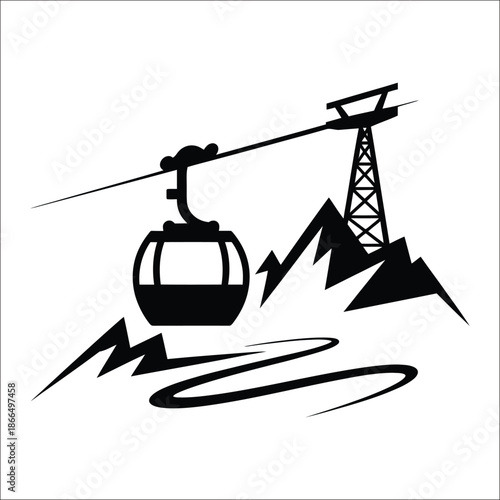 Black and white cable car with mountain and lightning