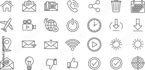 Outline web ui icon set, communication navigation media controls symbols for website mobile app dashboard interface design system