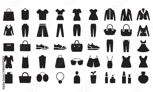 A comprehensive collection of diverse fashion, clothing, and shopping item vector icons