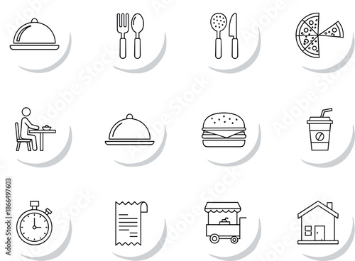 Restaurant food icon set, dining utensils pizza burger drink cloche service timer receipt food truck cafe outline vector menu icons