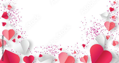 Valentine's Day background with red, pink, and white paper hearts and confetti border, romantic love celebration card design

