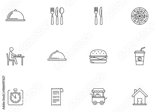 Restaurant food icon set, dining utensils pizza burger drink cloche service timer receipt food truck cafe outline vector menu icons