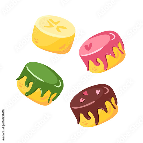 Set of banana desserts with colorful glaze. Vector illustration.