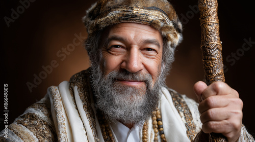 Jewish high priest dressed ceremonial clothing, holds staff symbolizing authority, guidance in spiritual setting, religious leadership visualization, biblical period costume repres