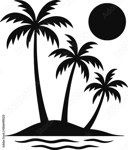 Black silhouette of three palm trees on a small tropical island with sun and water reflections.