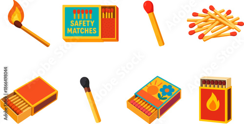 Collection of various matchsticks and matchboxes, some lit, some unlit, in different styles and arrangements.